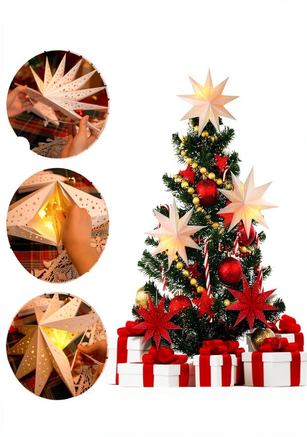 Paper Star Lantern 3PCS Christmas Paper Stars Lampshade 13.78 inch Hanging 3D Christmas Pentagram Lampshade 9 Points Lantern Foldable for Xmas Wedding decoración navideña-2