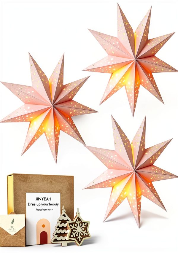 Paper Star Lantern 3PCS Christmas Paper Stars Lampshade 13.78 inch Hanging 3D Christmas Pentagram Lampshade 9 Points Lantern Foldable for Xmas Wedding decoración navideña-0